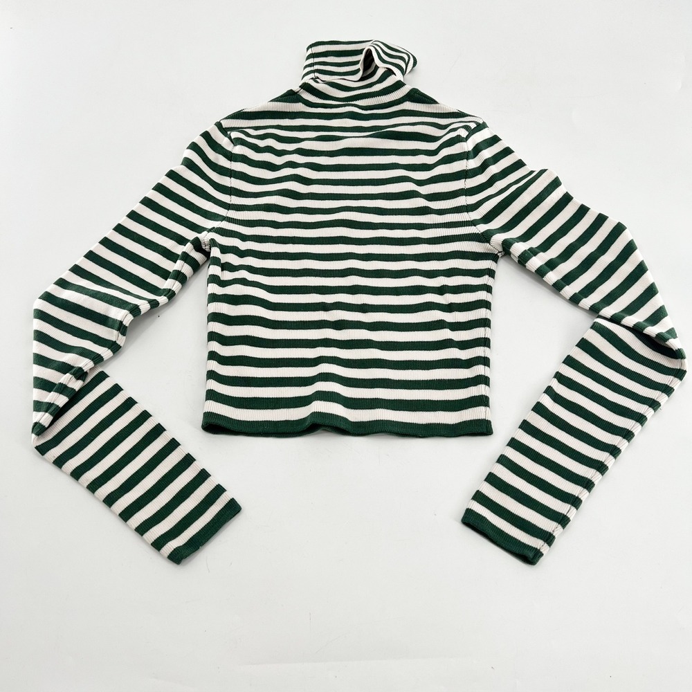Zara Womens Green White Striped Ribbed Turtleneck Long Sleeve Crop Top Small - Picture 3 of 5